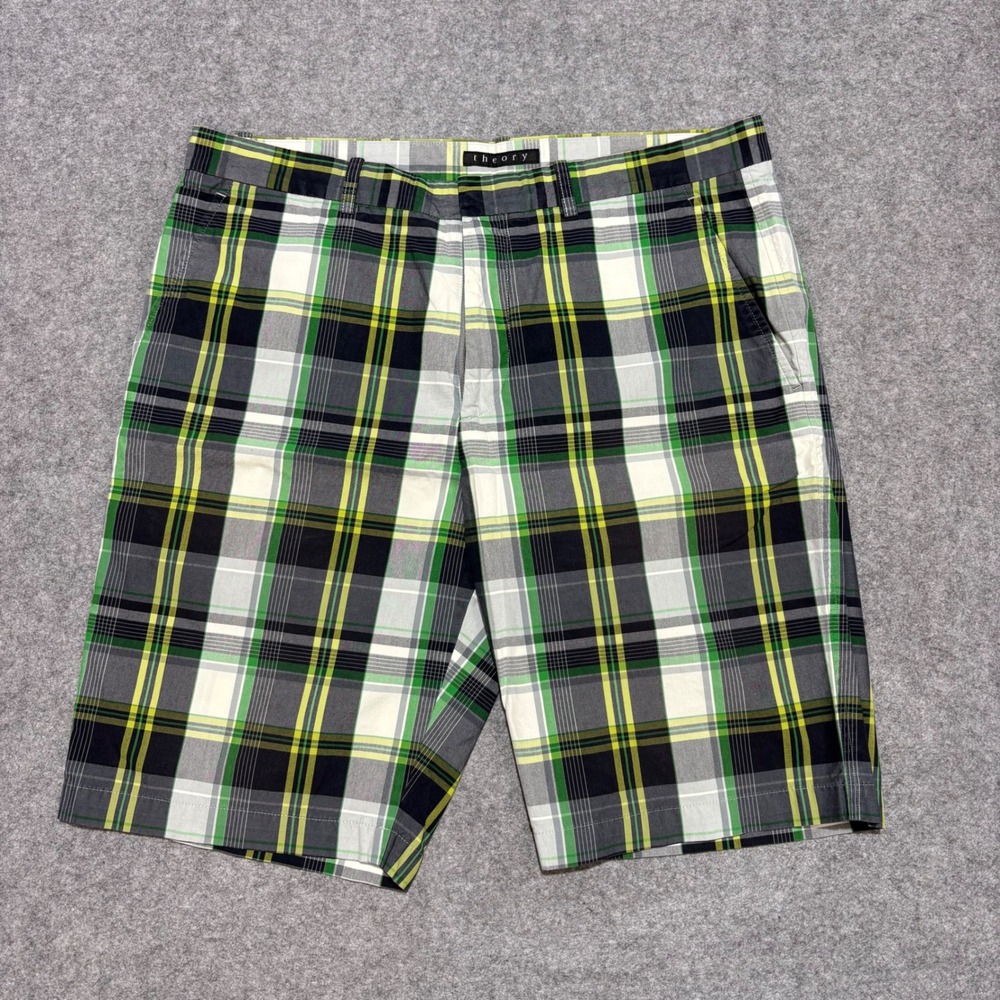 Theory Mens Green Yellow Plaid Flat Front Shorts Size 33 Multi Color Check